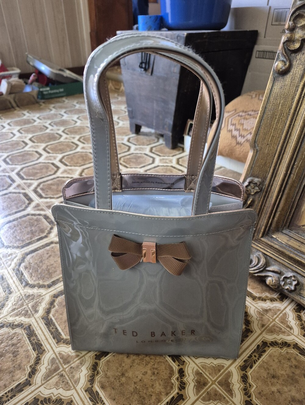 Ted Baker Grey Patent Tote with Rose Gold  Accent
